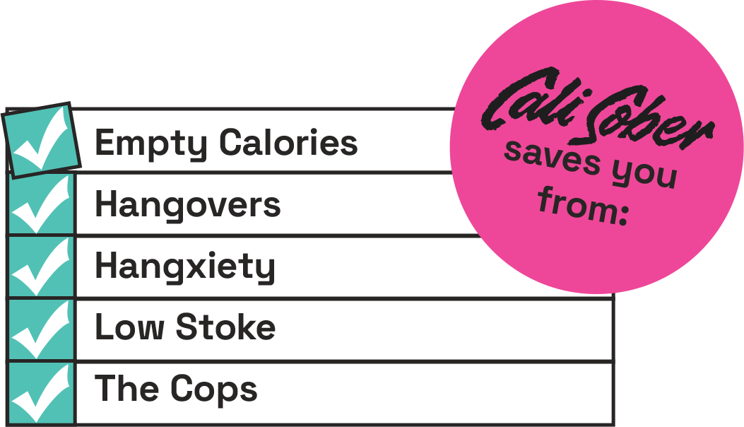 Cali Sober infographic highlighting benefits like avoiding hangovers and empty calories.