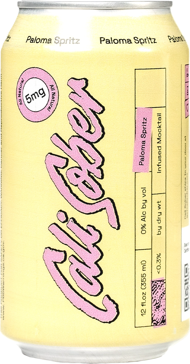 A yellow 'Cali Sober' Paloma Spritz can with pink logo and details.