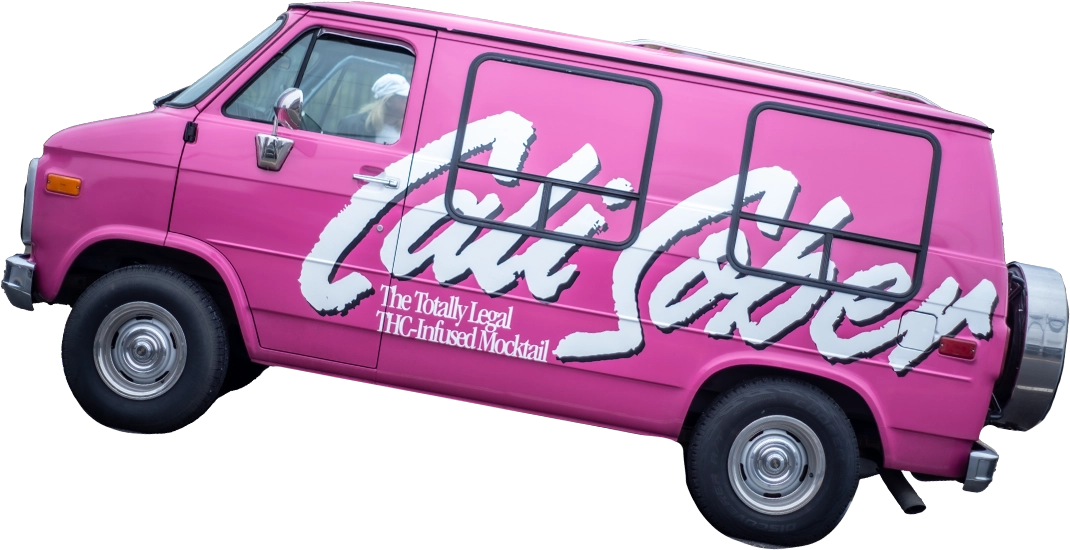 Pink van advertising a THC-infused mocktail with bold white lettering.