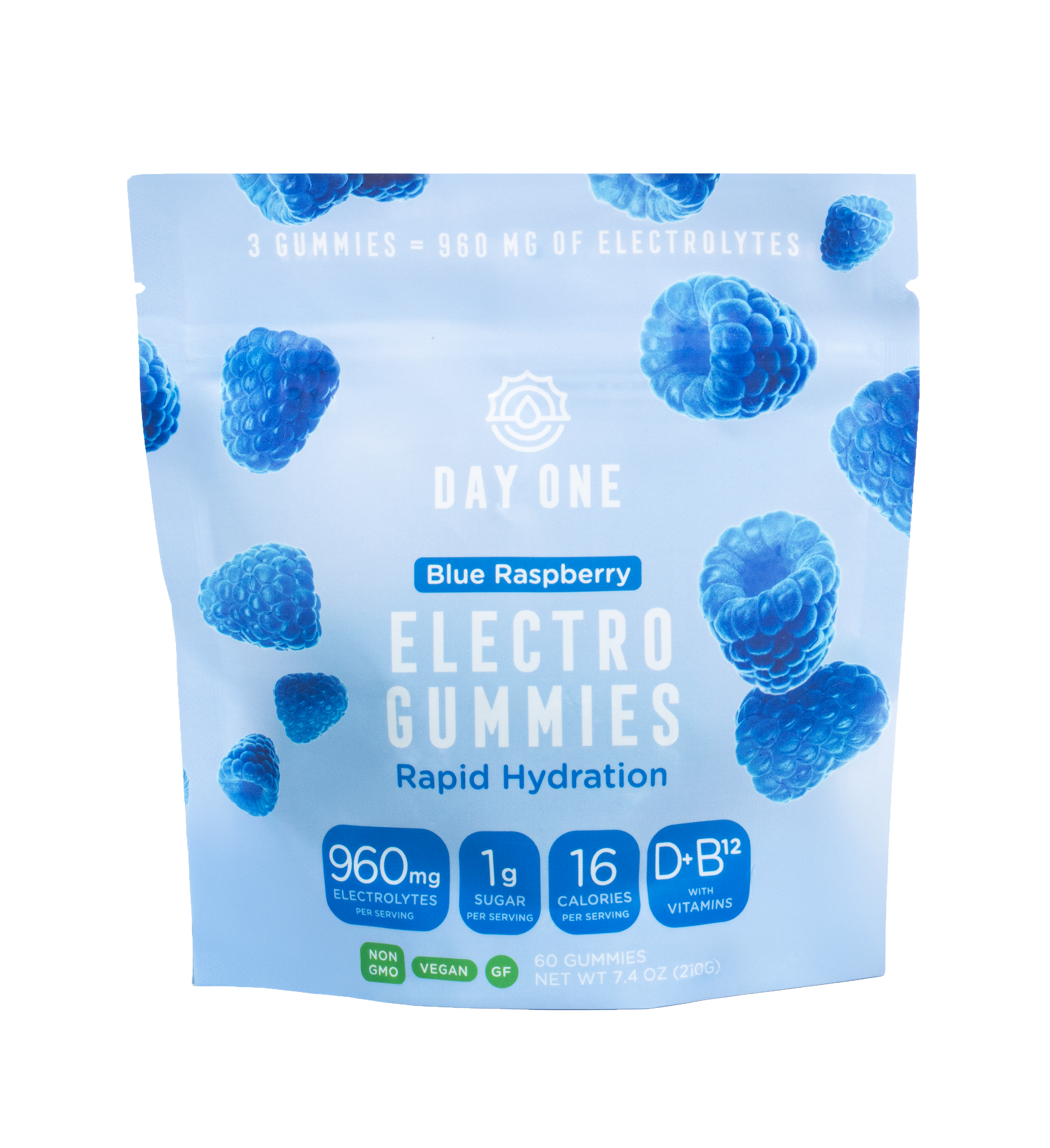 Blue raspberry flavored electrolyte gummies packaging with nutritional information.