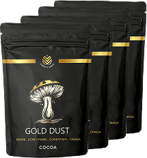 Five black pouches labeled 'Gold Dust' with a mushroom illustration.