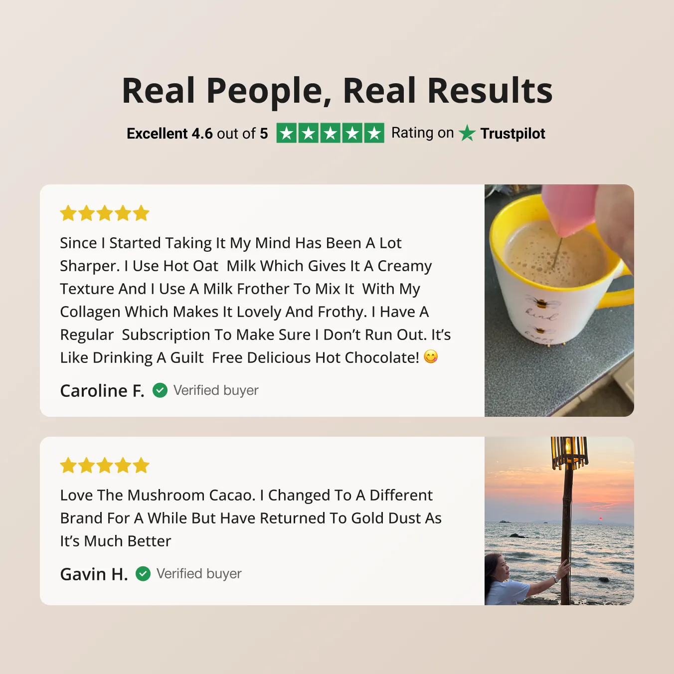 A graphic showing customer testimonials with photos under the heading 'Real People, Real Results' and a Trustpilot rating.