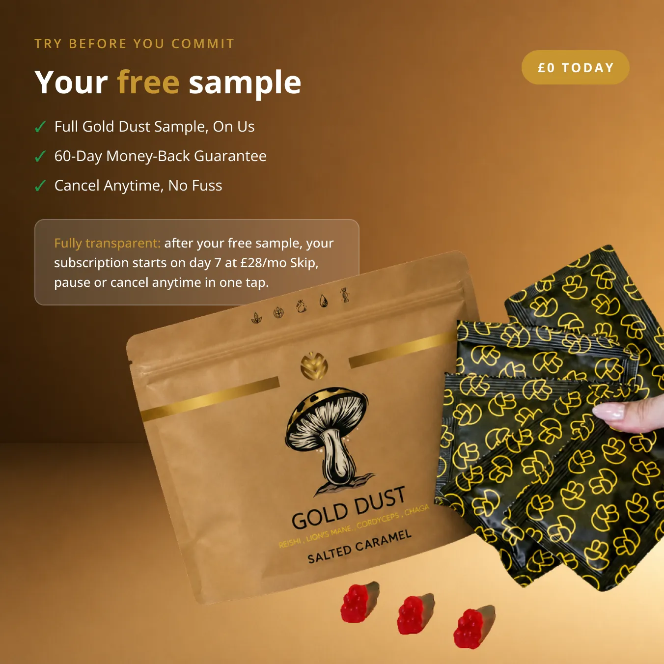 An ad for a 'Gold Dust' free sample, showing a pouch, smaller packets, and red gummies.