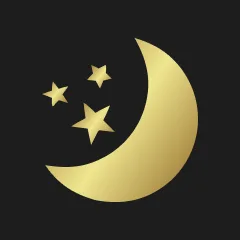 A golden crescent moon with three golden stars on a black background.