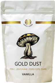 White pouch with a mushroom illustration labeled 'Gold Dust' and 'Vanilla'.