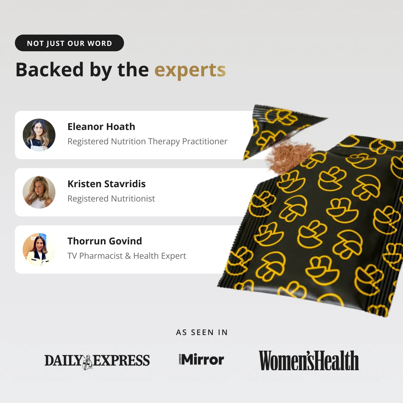 A promotional image with expert testimonials, a product sachet, and logos of publications where the product was featured.