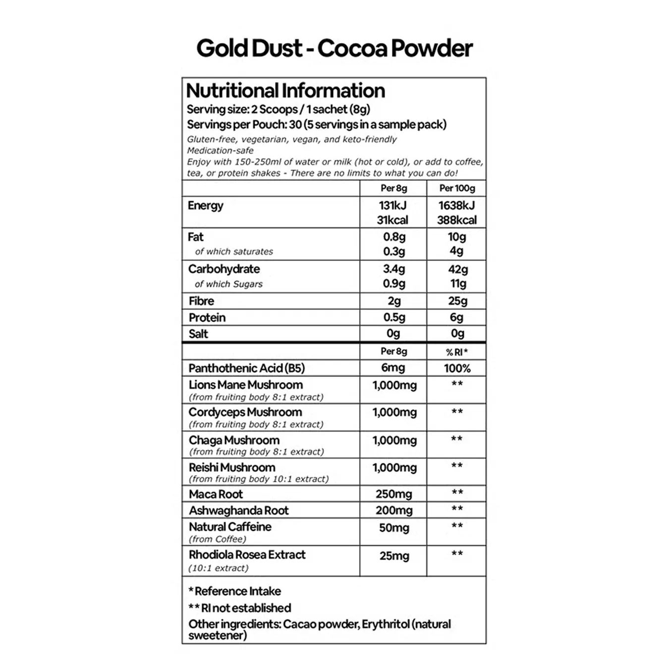 Nutritional information label for Gold Dust - Cocoa Powder, detailing ingredients and values per serving and per 100g.