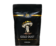 A black pouch of Gold Dust cocoa mix, with a golden mushroom graphic on the front.