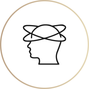 Line icon of a head with spinning rings, representing dizziness, inside a gold circular border.