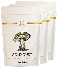 Three white pouches labeled 'Gold Dust' with a mushroom illustration.