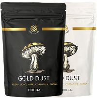 Two bags labeled 'Gold Dust' with mushroom illustrations, one black and one white.