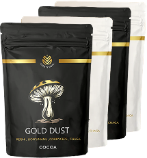 Four packages of 'Gold Dust' mushroom powder with black and white designs.