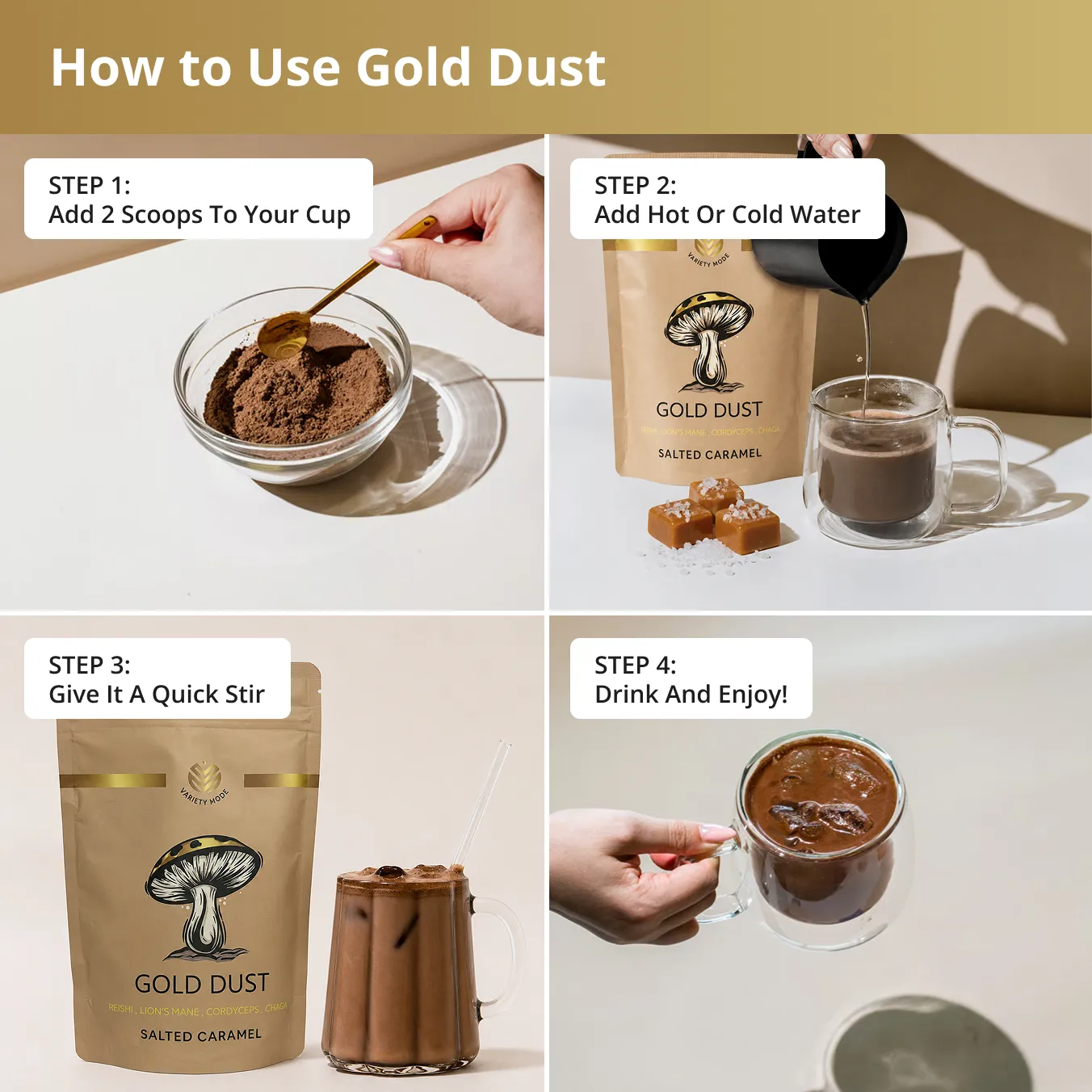 A four-panel infographic showing the steps to make a drink using Gold Dust salted caramel powder.