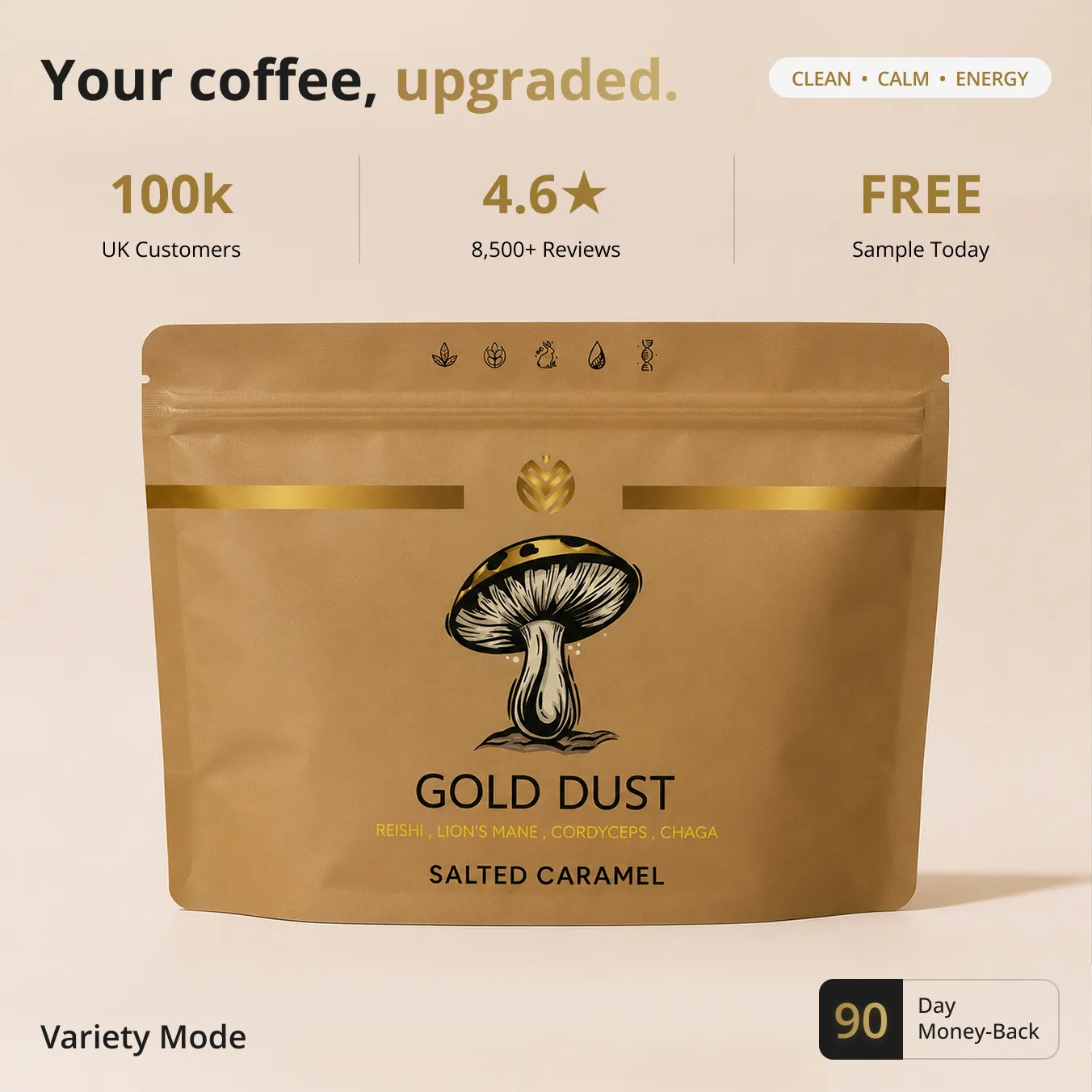 An advertisement for Gold Dust mushroom coffee, featuring a brown pouch with a mushroom illustration.