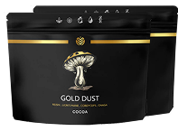Two black pouches labeled 'Gold Dust' with a mushroom illustration.