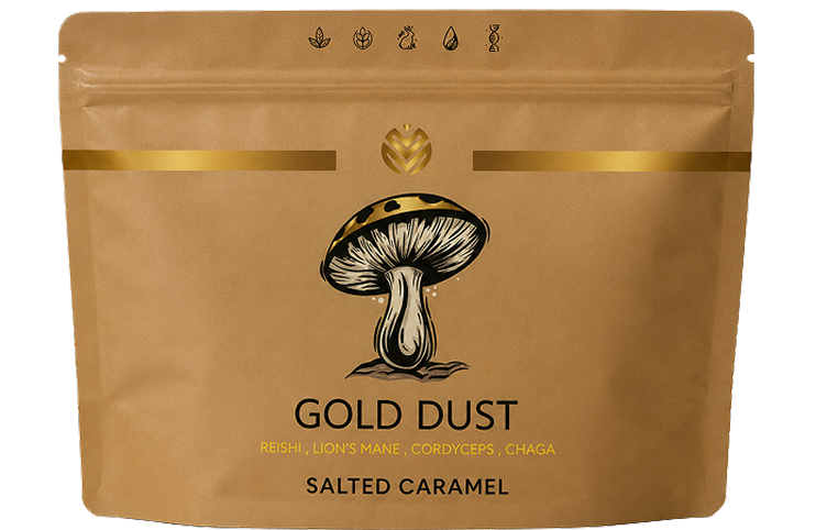 A brown pouch of Gold Dust salted caramel mushroom powder with a mushroom illustration.