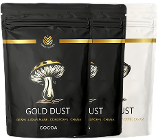 Three cocoa product packages with a mushroom illustration and 'Gold Dust' label.
