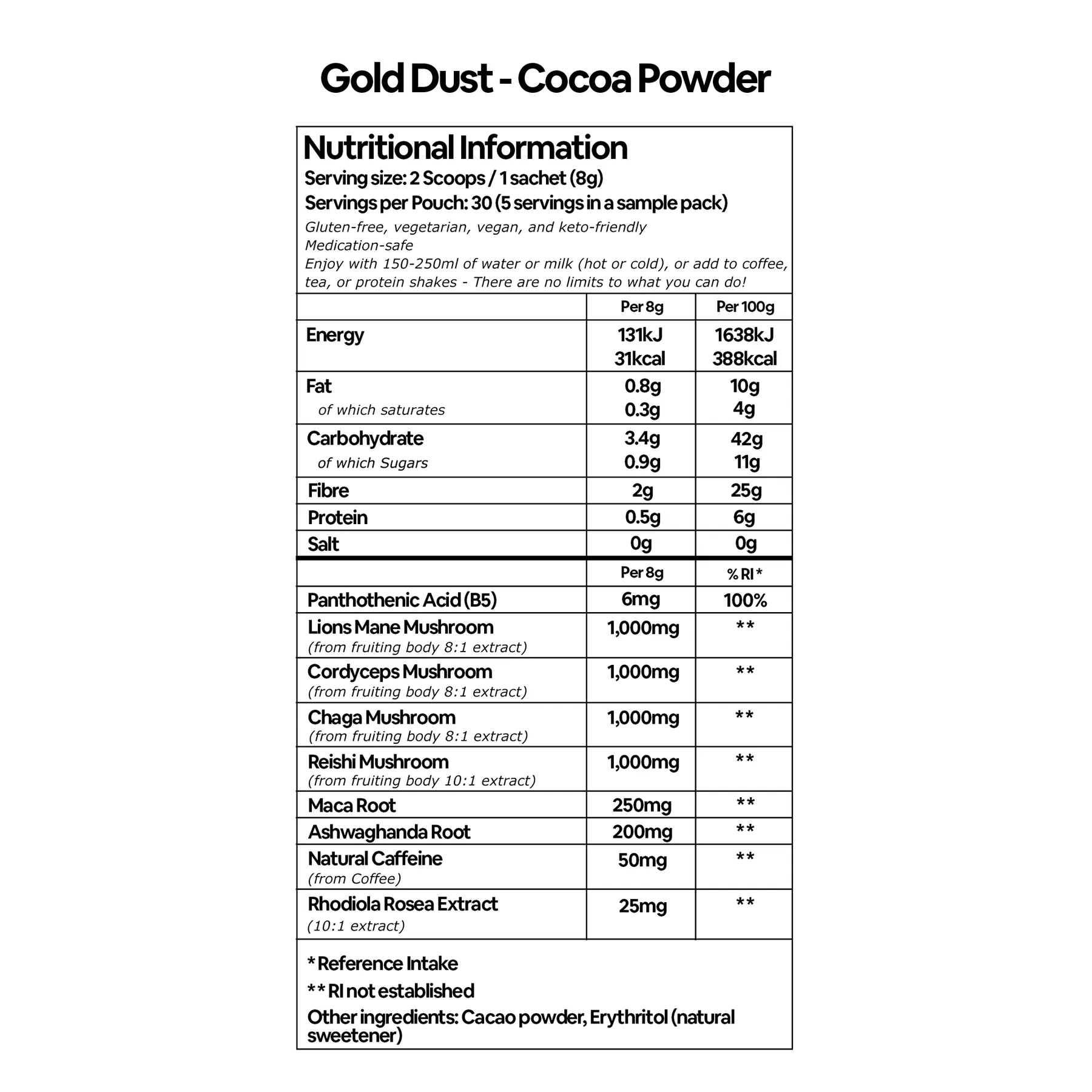 The nutritional information label for Gold Dust - Cocoa Powder, listing ingredients and values per serving and per 100g.