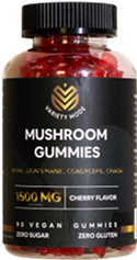 Bottle of mushroom gummies with a black label and red gummies inside.