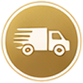 A gold circular icon with a white silhouette of a speeding delivery truck.