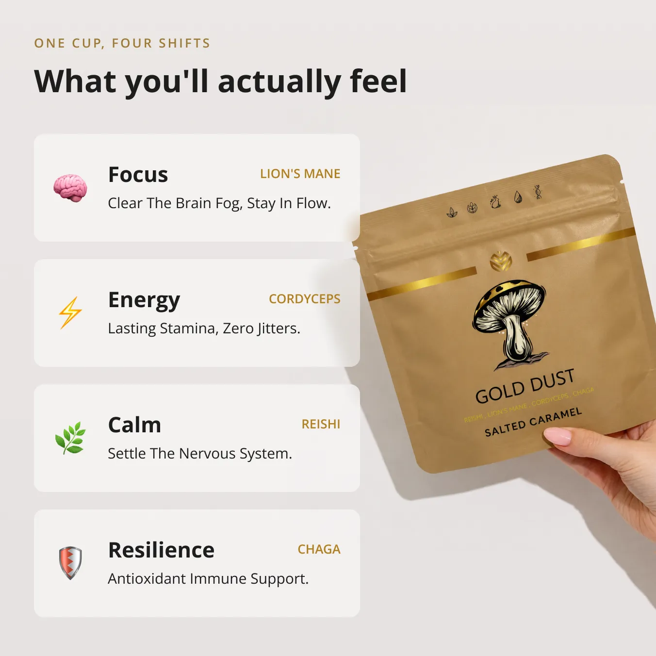 A hand holds a pouch of Gold Dust salted caramel mushroom supplement next to a list of its benefits.