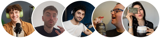 A collage of five people with headphones, microphones, drinks, and a tarot card.
