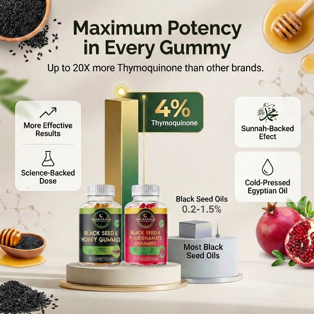 An advertisement for black seed and honey gummies and black seed and pomegranate gummies with their ingredients.