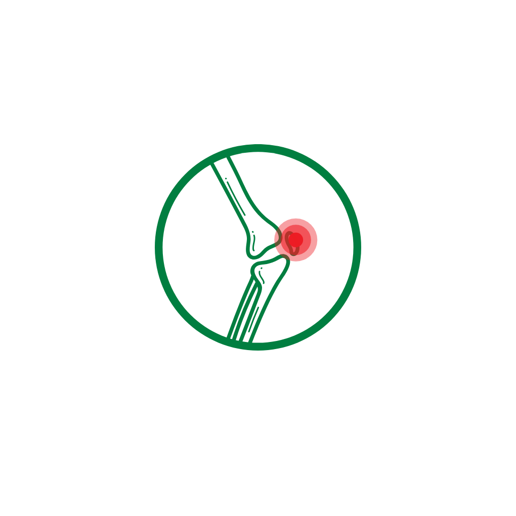 An icon showing a painful and inflamed joint on a green background.