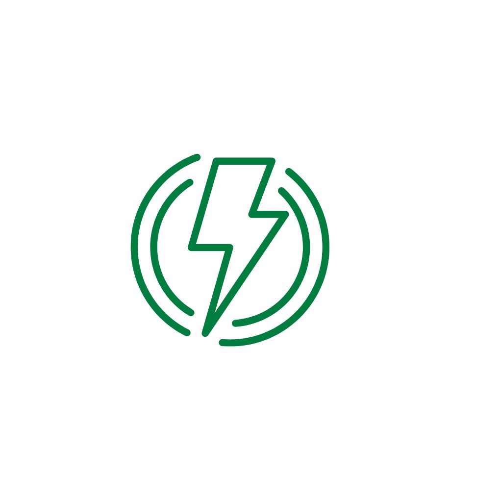 A green line icon of a lightning bolt inside two concentric circles on a white background.