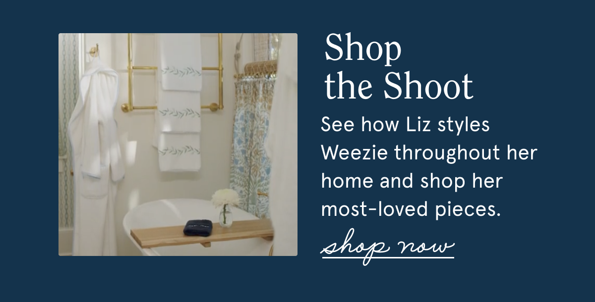 A navy with text inviting customers to shop the product that is in the home tour videos