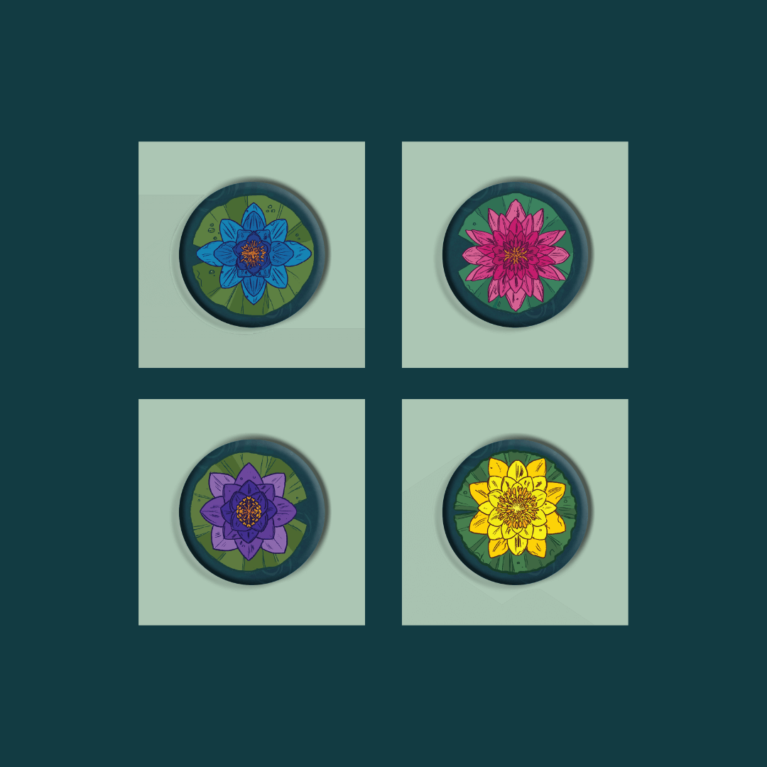 Four colorful flower illustrations in circular frames on a dark background.
