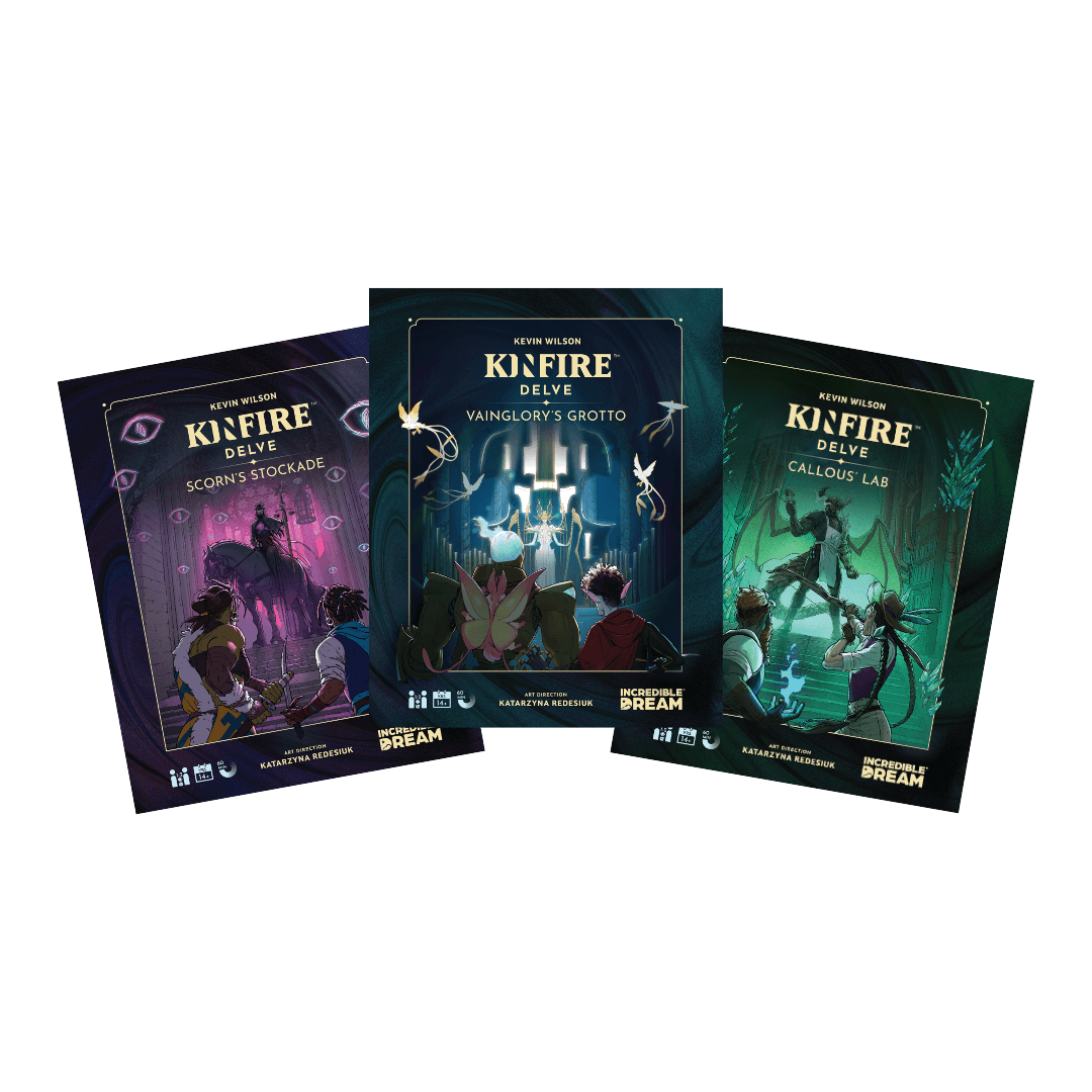 Three illustrated book covers titled 'Kinfire Delve' with fantasy-themed artwork.