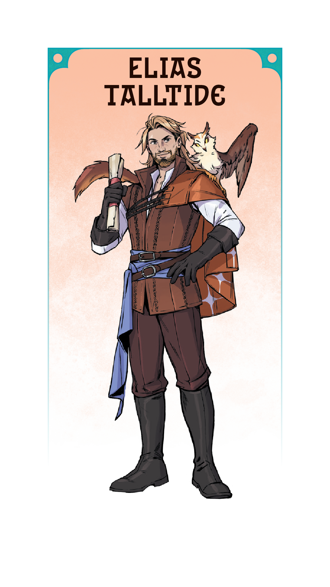 Illustration of a character named Elias Talltide with a bird on his shoulder.