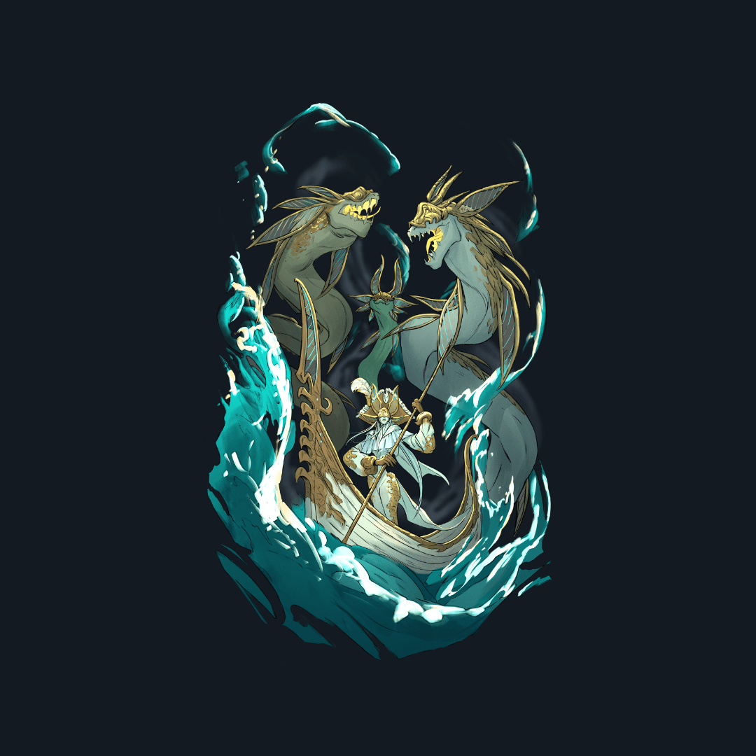 Illustration of a warrior on a boat facing two sea serpents.