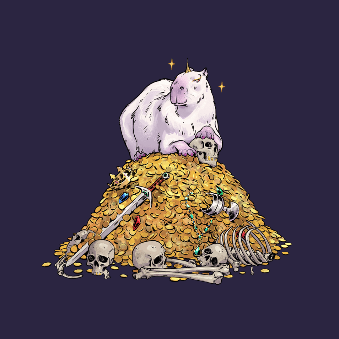 A capybara with a crown sits on a pile of gold and skulls.