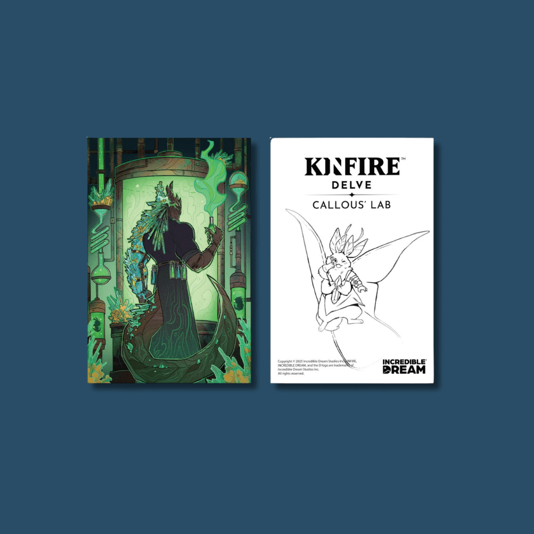 Illustration of a figure in a lab with green hues, next to a sketch of a winged creature.