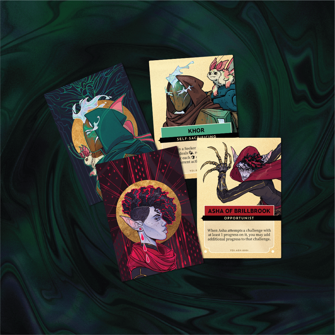 Four illustrated character cards with fantasy-themed designs on a dark swirling background.