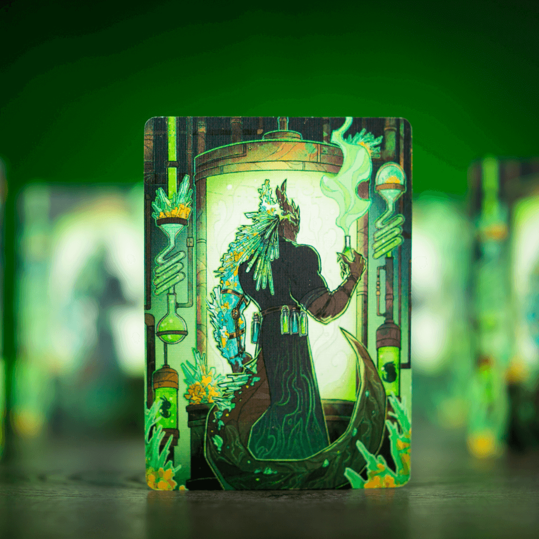 Illustration of a mystical figure in a green, glowing laboratory setting.