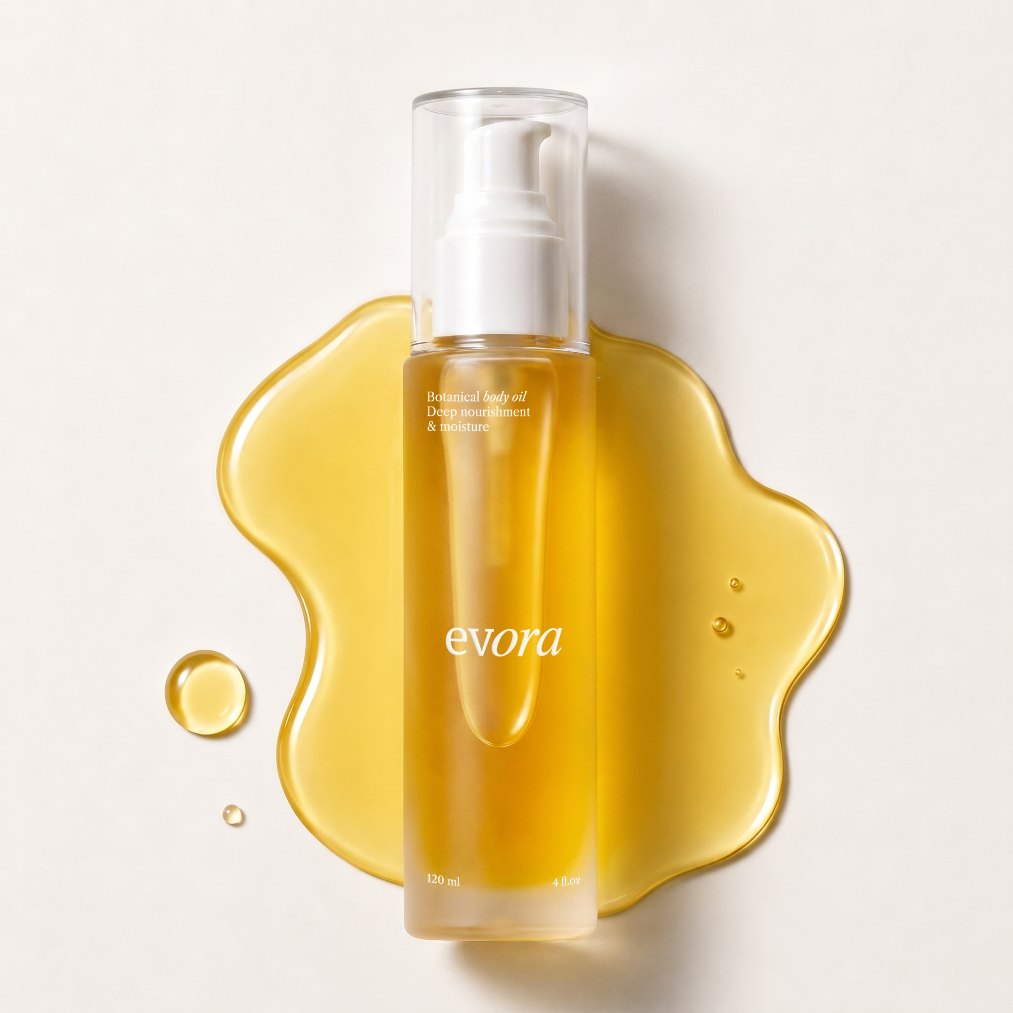 A pump bottle of Evora Botanical Body Oil lies in a pool of the golden liquid.