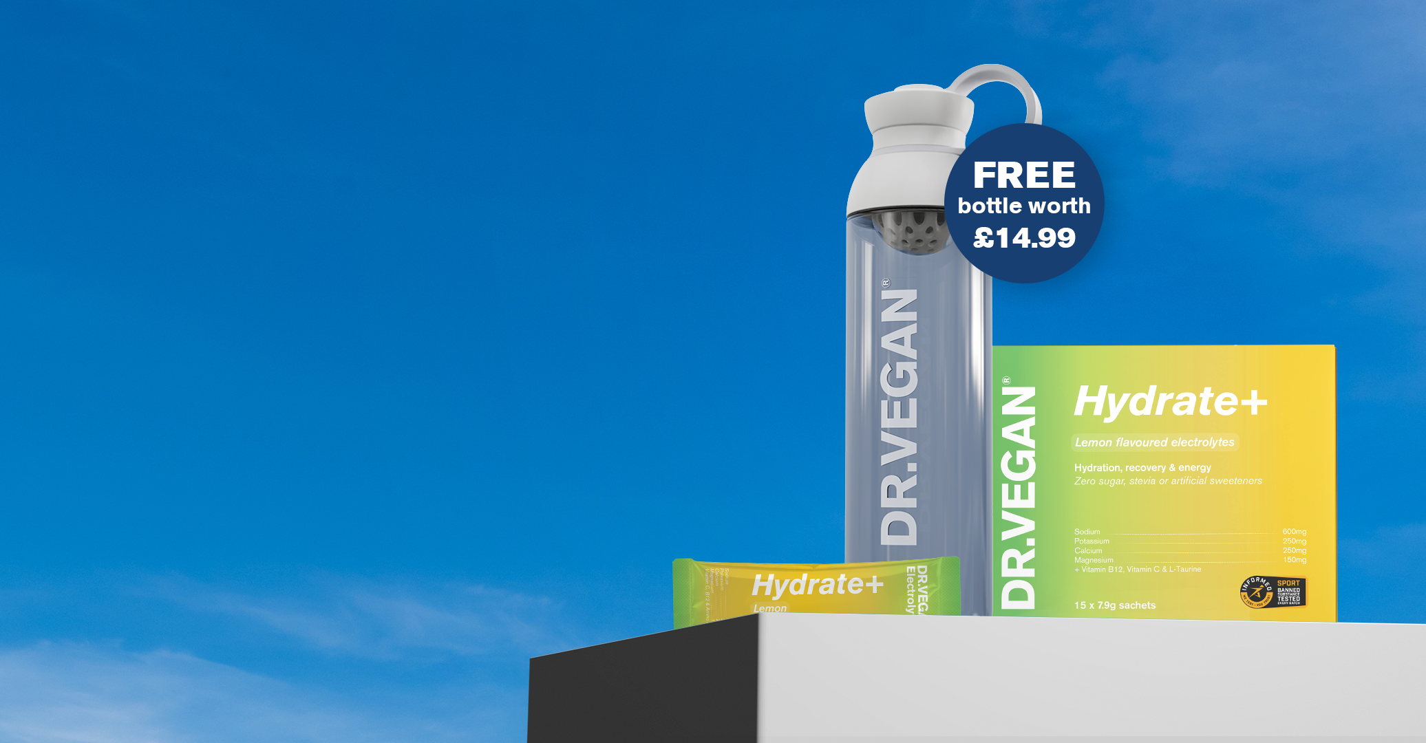 Dr. Vegan Hydrate+ product packaging and bottle against a blue sky.
