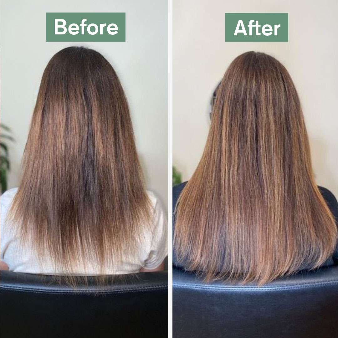 Side-by-side hair transformation: before and after straightening or smoothing treatment.