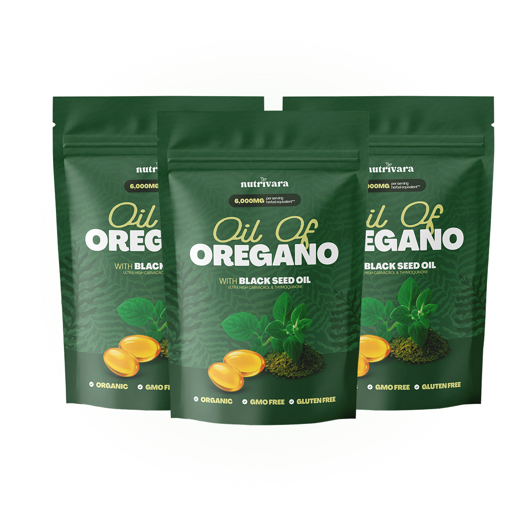 Three green bags labeled 'Oil of Oregano' with images of leaves and capsules.