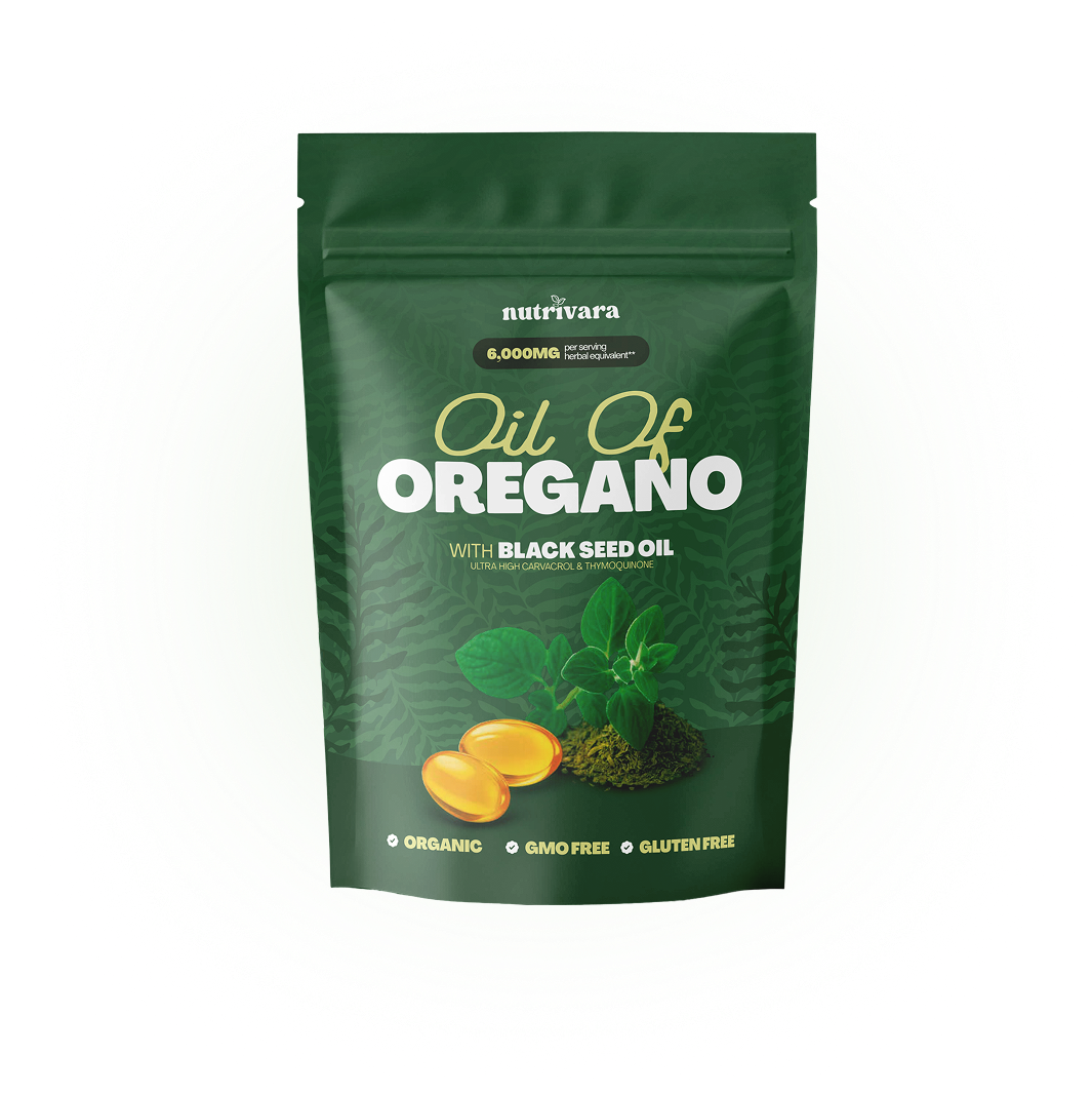 Green packaging of Nutrivara Oil of Oregano with black seed oil and capsules.