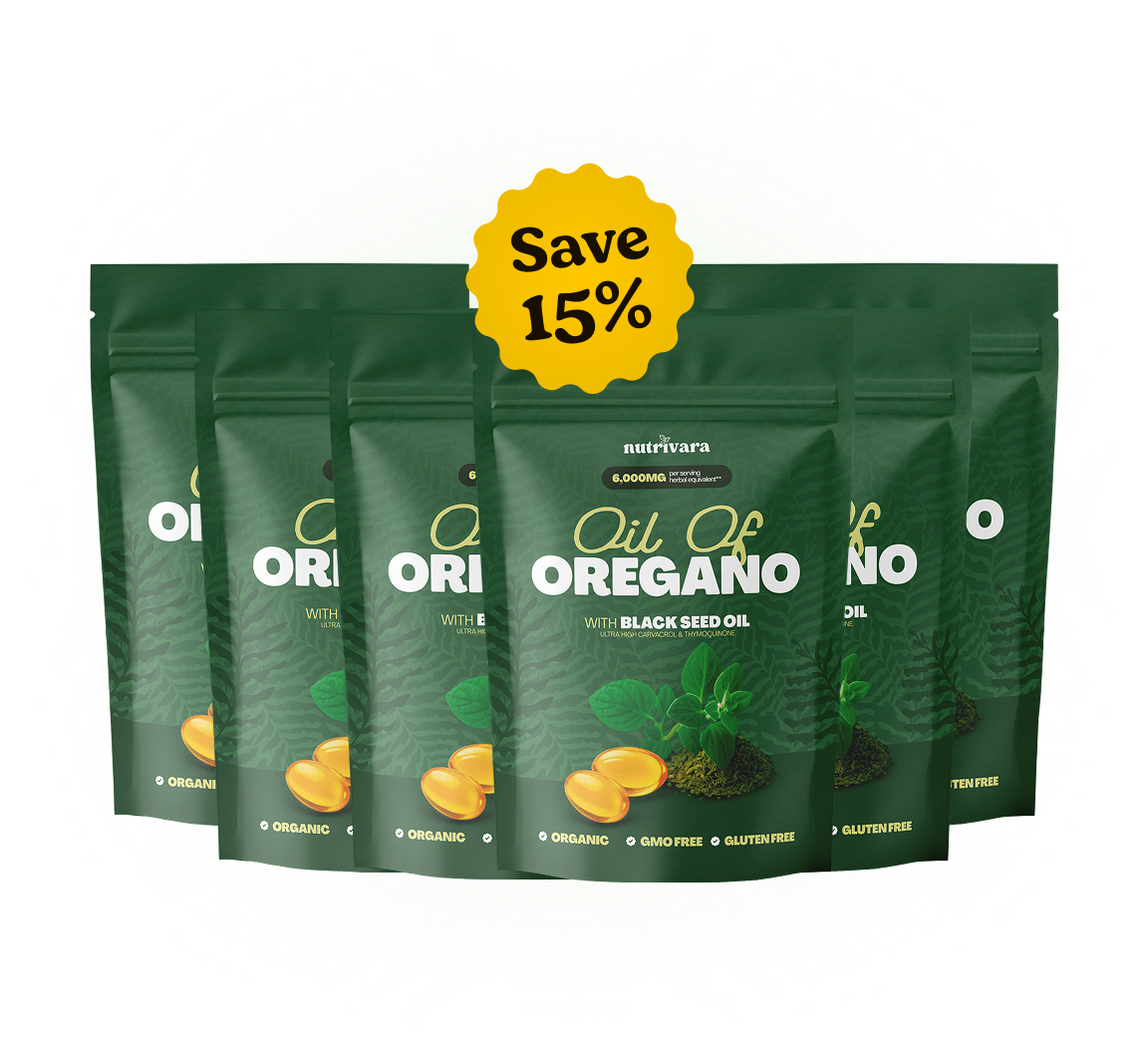 Several bags of oregano oil with 'Save 15%' label.