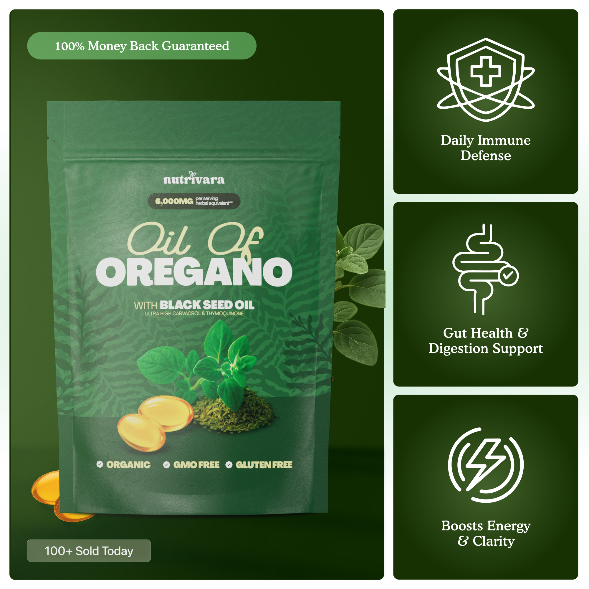Green package of oregano oil with health benefit icons and text.