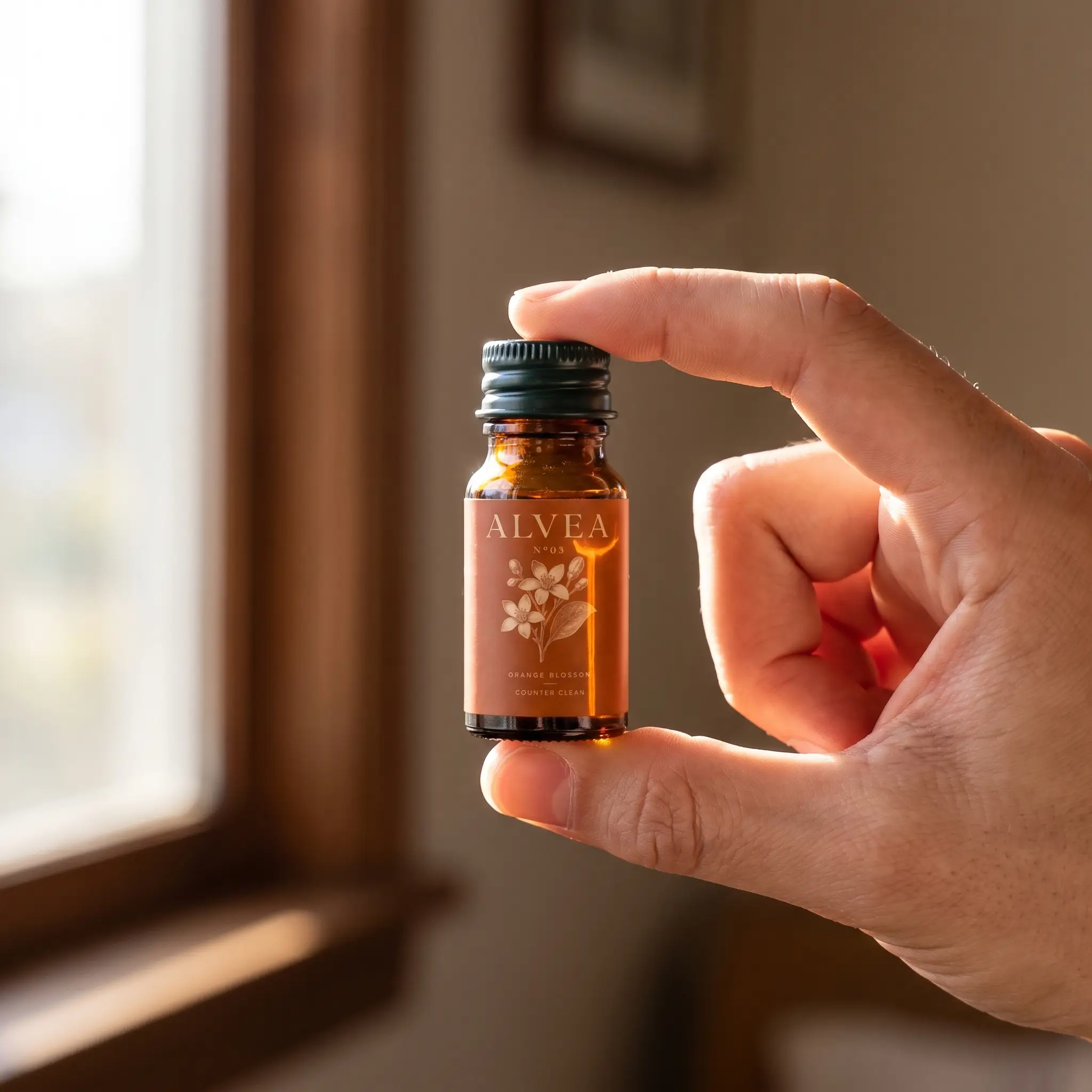 A hand holds a small brown bottle of Alvea Orange Blossom Counter Clean in front of a window.