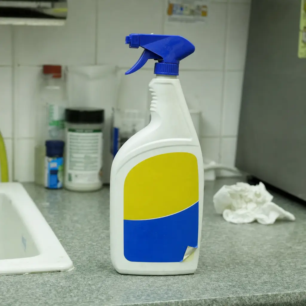 A white spray bottle with a blue nozzle and a blank yellow and blue label on a countertop.