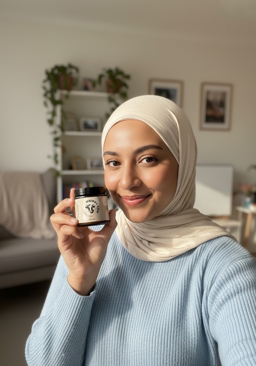 Person holding a jar labeled 'Whippy Cow Skincare' with a cow logo.