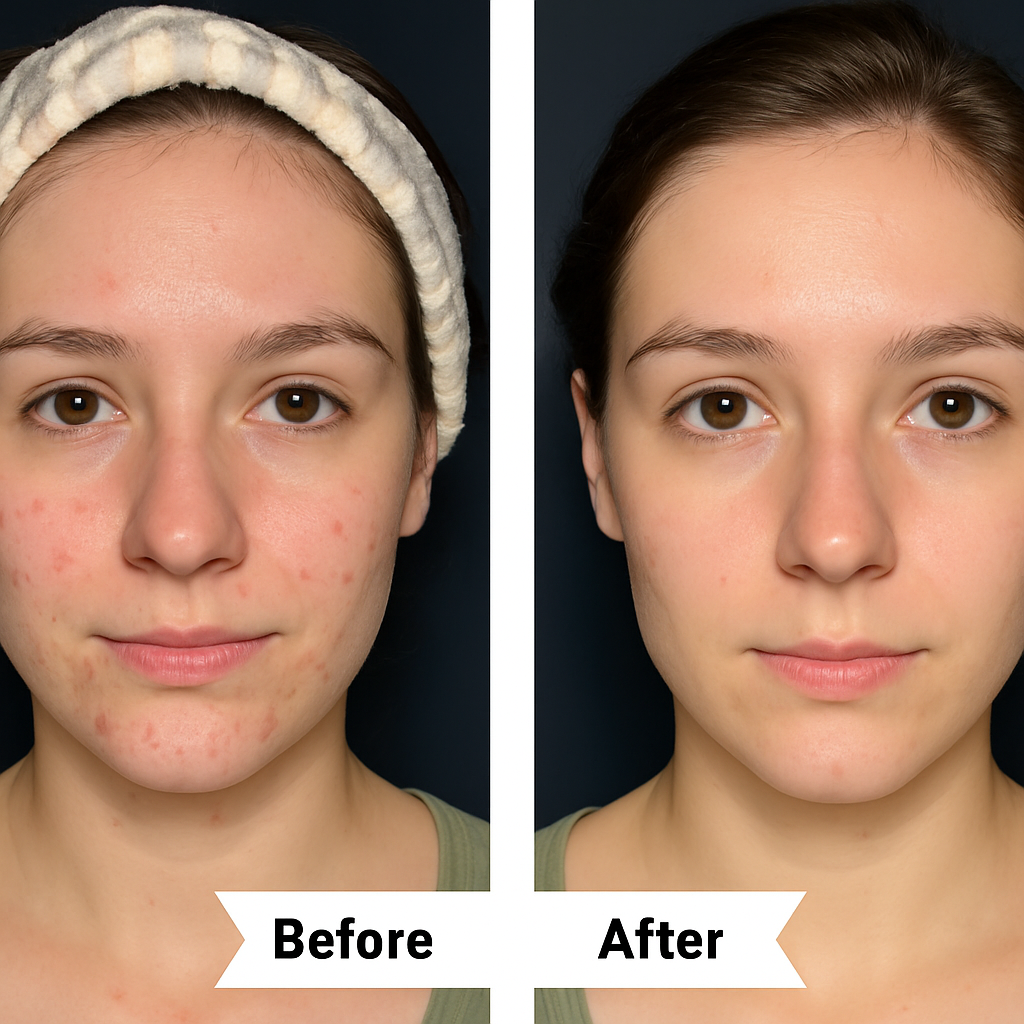 Side-by-side comparison of a woman's face before and after skincare treatment.