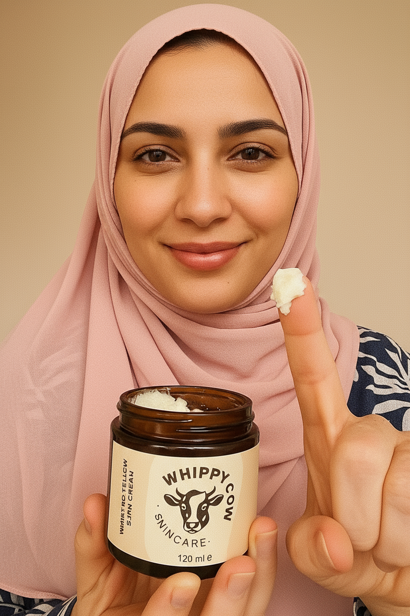Person holding Whippy Cow skincare cream, smiling, with product on their finger.